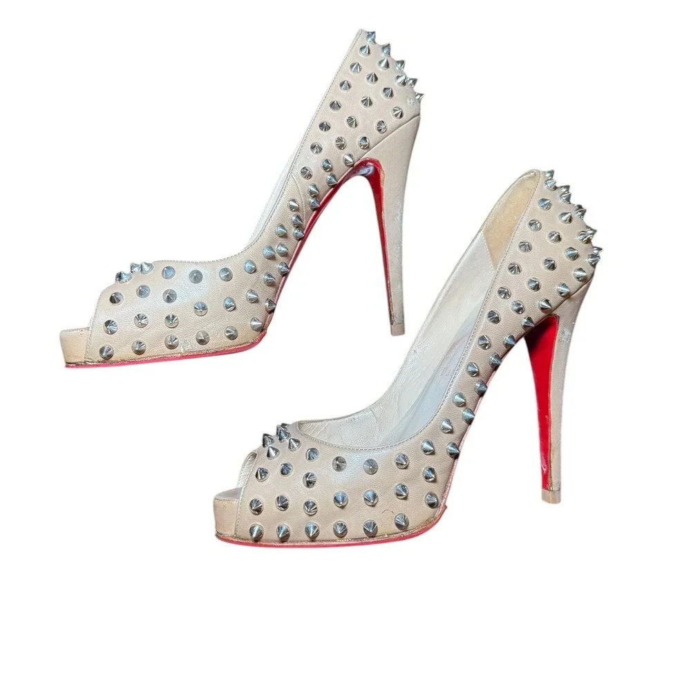 Christian Louboutin Alti Spikes 160 Nude Leather Peep Toe Platform Pumps 38